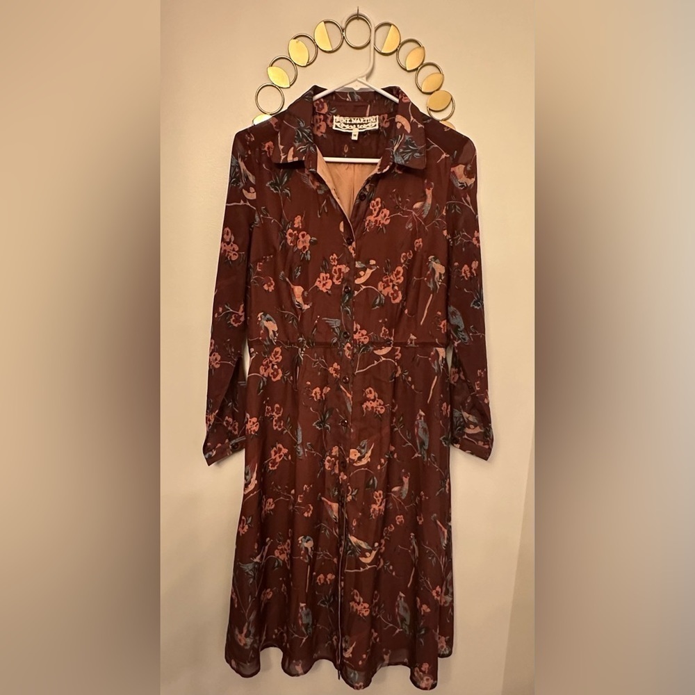 Pink Martini Midi Dress Burgundy Floral Print Size Medium